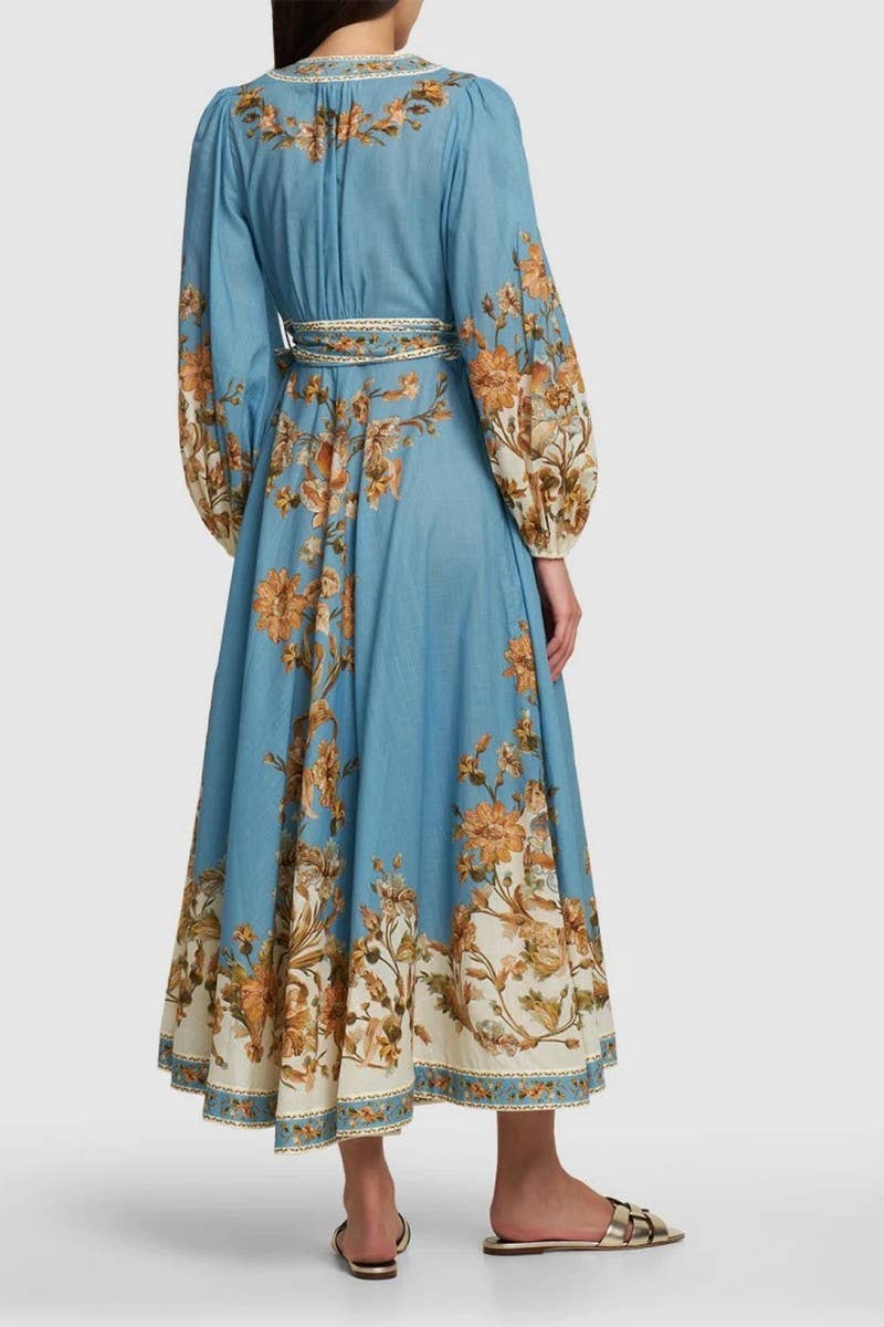 CWDMD5739_V-NECK FASHIONABLE PRINTED LONG-SLEEVED TIE DRESS