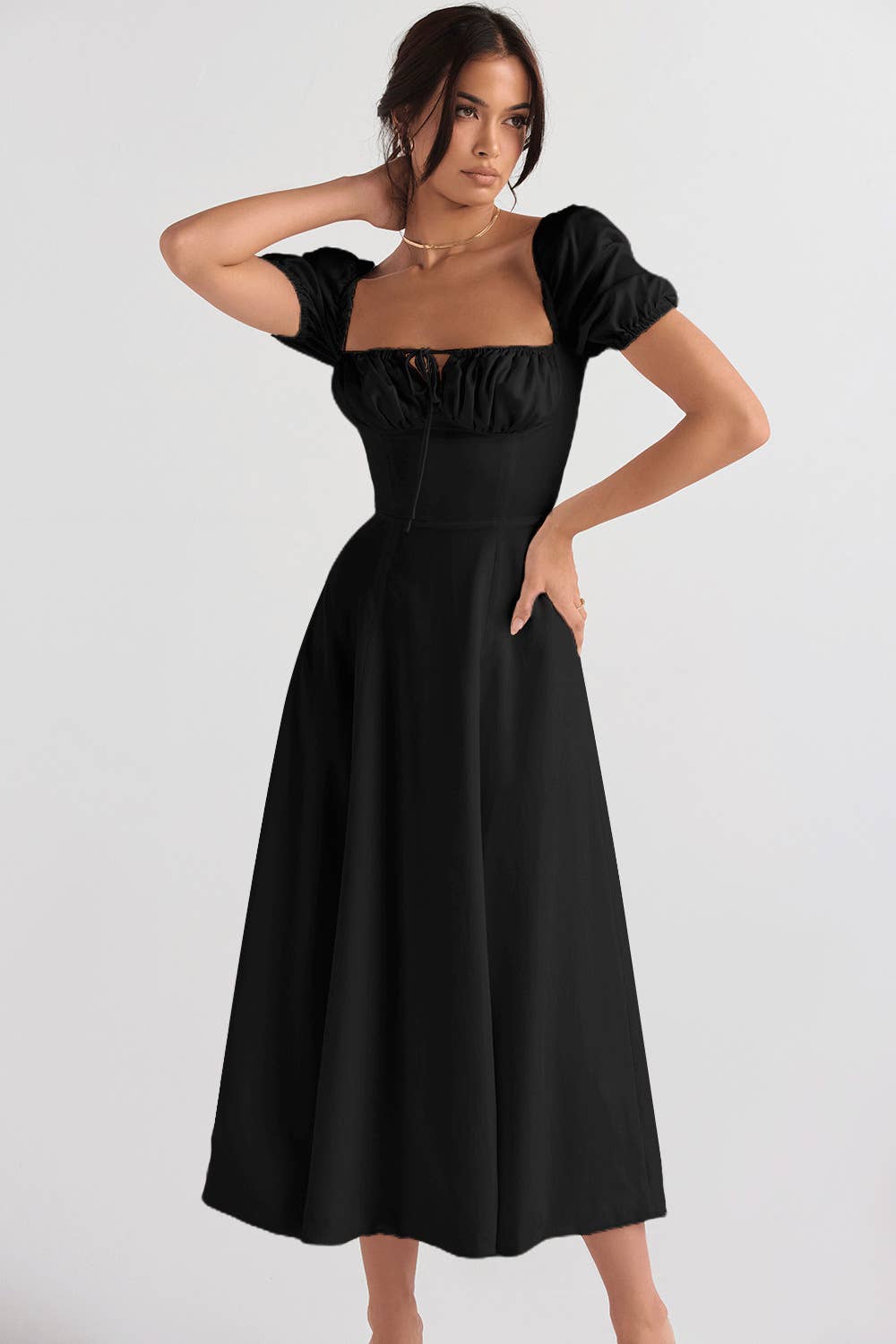 Sexy square neck A-line puff sleeve slit dress