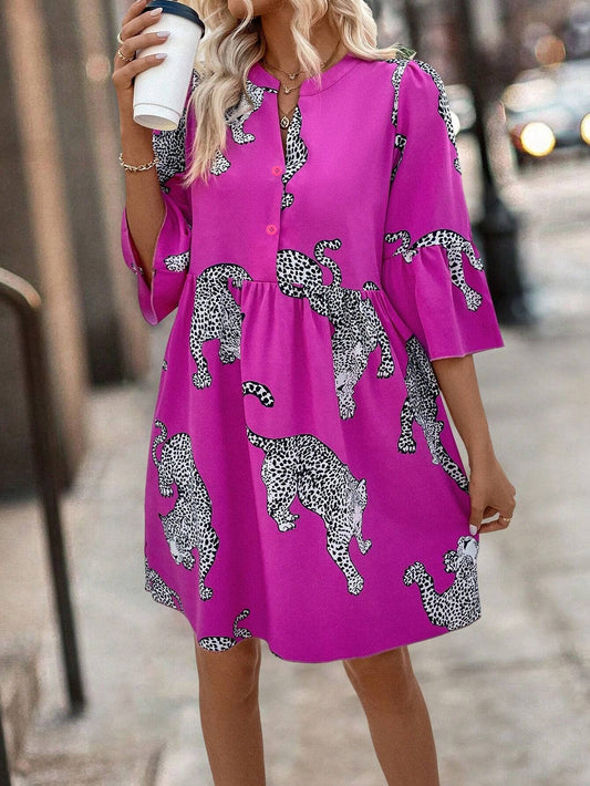 Leopard print button flared sleeve dress
