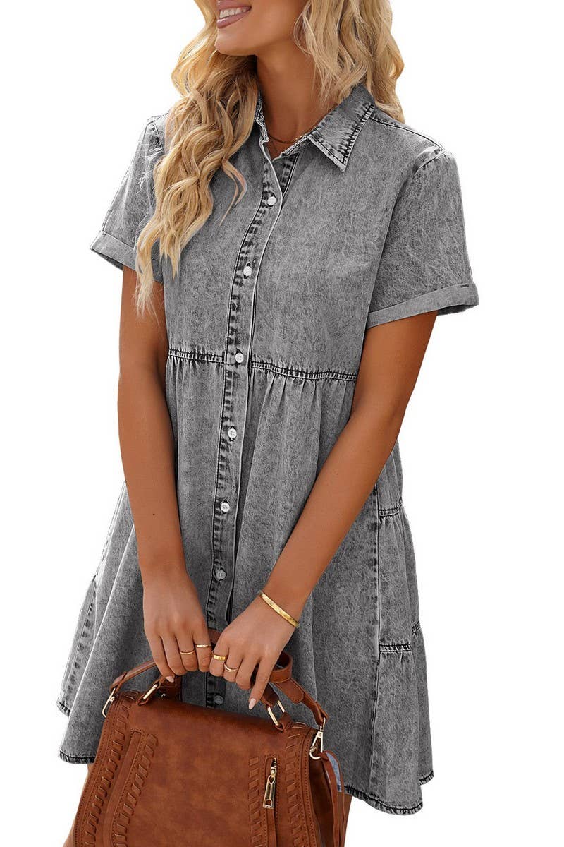 CWDSD5998_DENIM CASUAL SHORT-SLEEVED MIDI DRESS