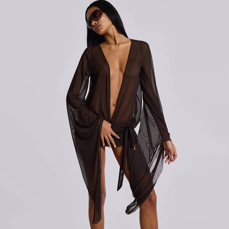 Sexy V-Neck Sheer Backless Strap Bodycon Skirt