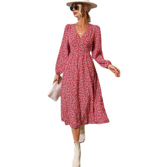 V-NECK WAIST PRINT DRESS