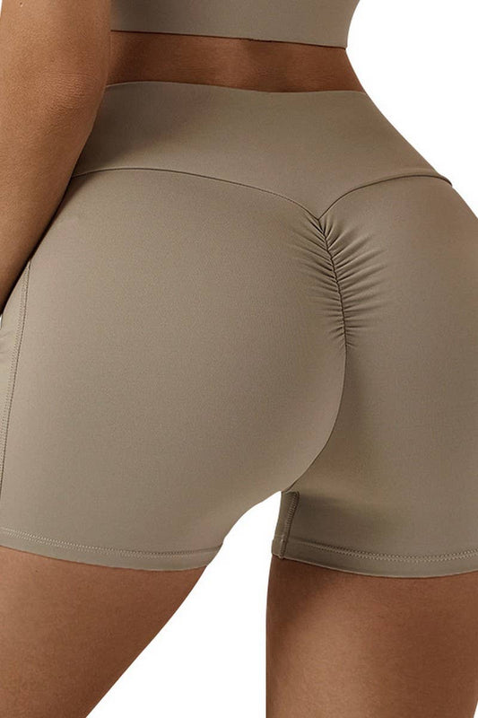 CWBSP0443_PLEATED POCKET HIGH WAIST FITNESS YOGA SHORTS