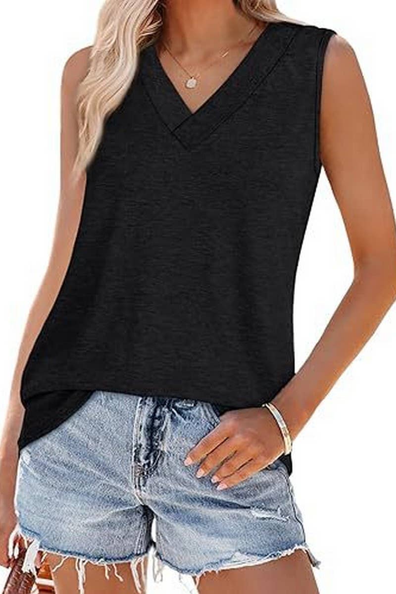 Cwtblsl0908_Solid V-Neck Sleeveless Casual Tank Top