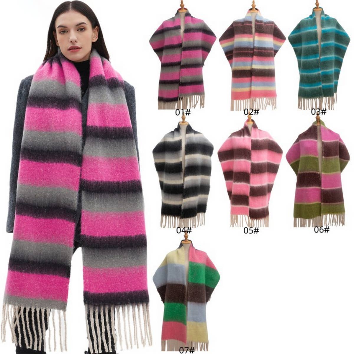 Chunky Fringe Stripe Scarf ?  Winter Yarn Wrap