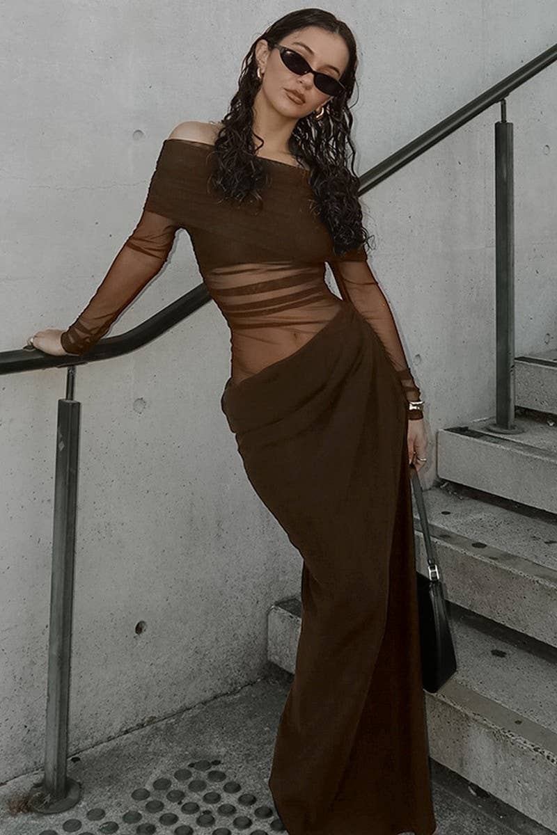 CWDMD4232_SOLID COLOR ONE SHOULDER MESH HOLLOW DRESS