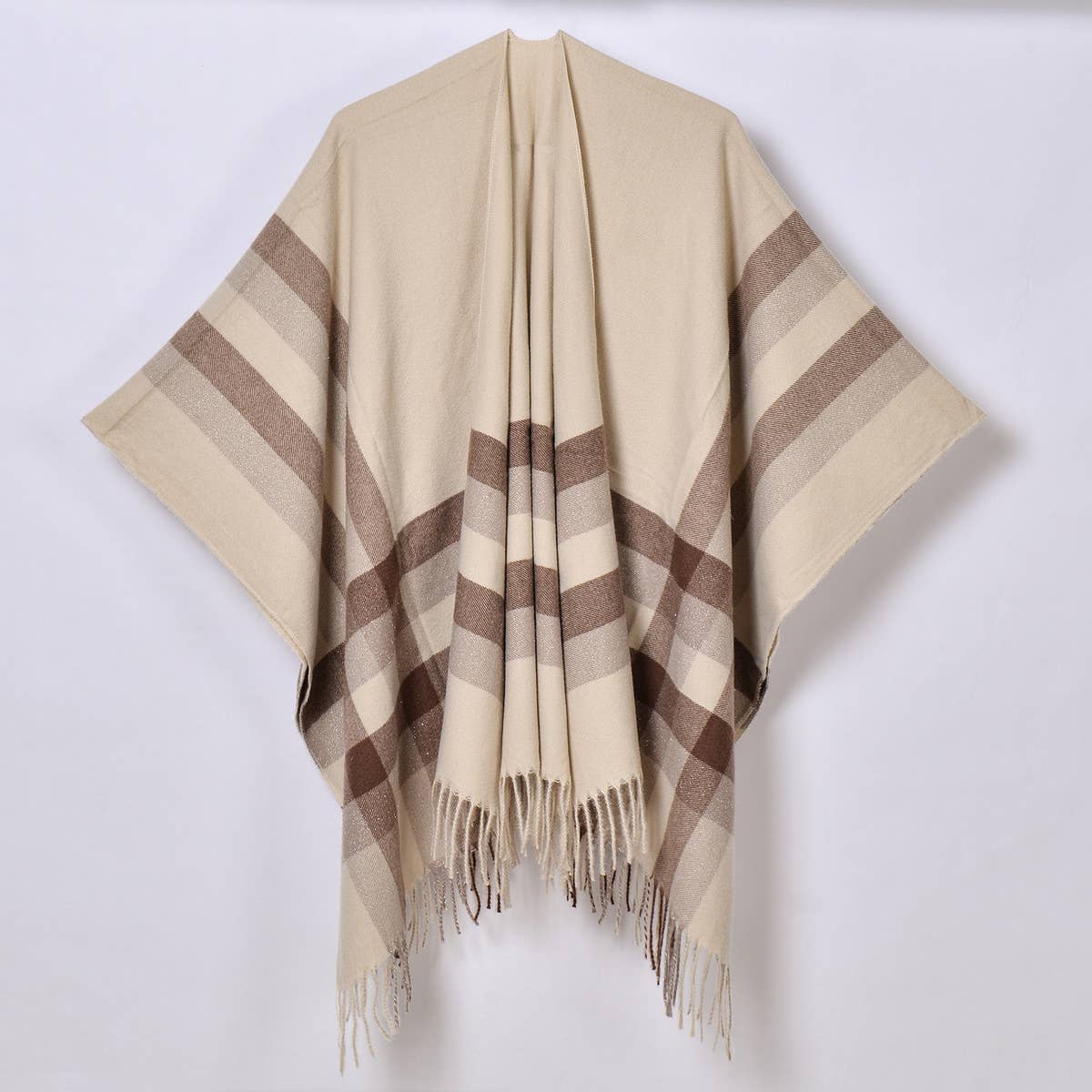 TASSEL TWO-TONE STRIPED PLAID CARDIGAN CAPE SHAWL