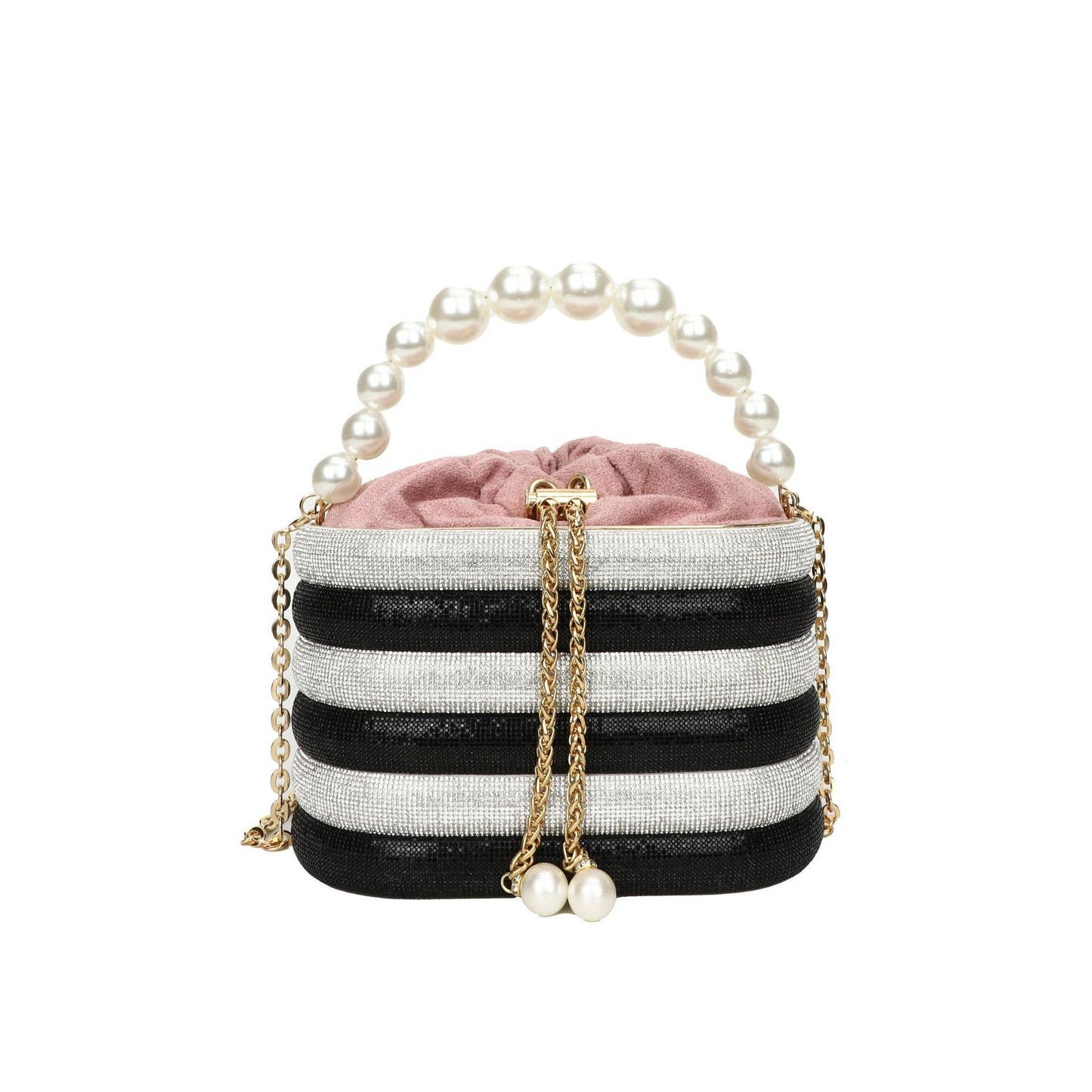 Slung over a pearl sparkling handbag