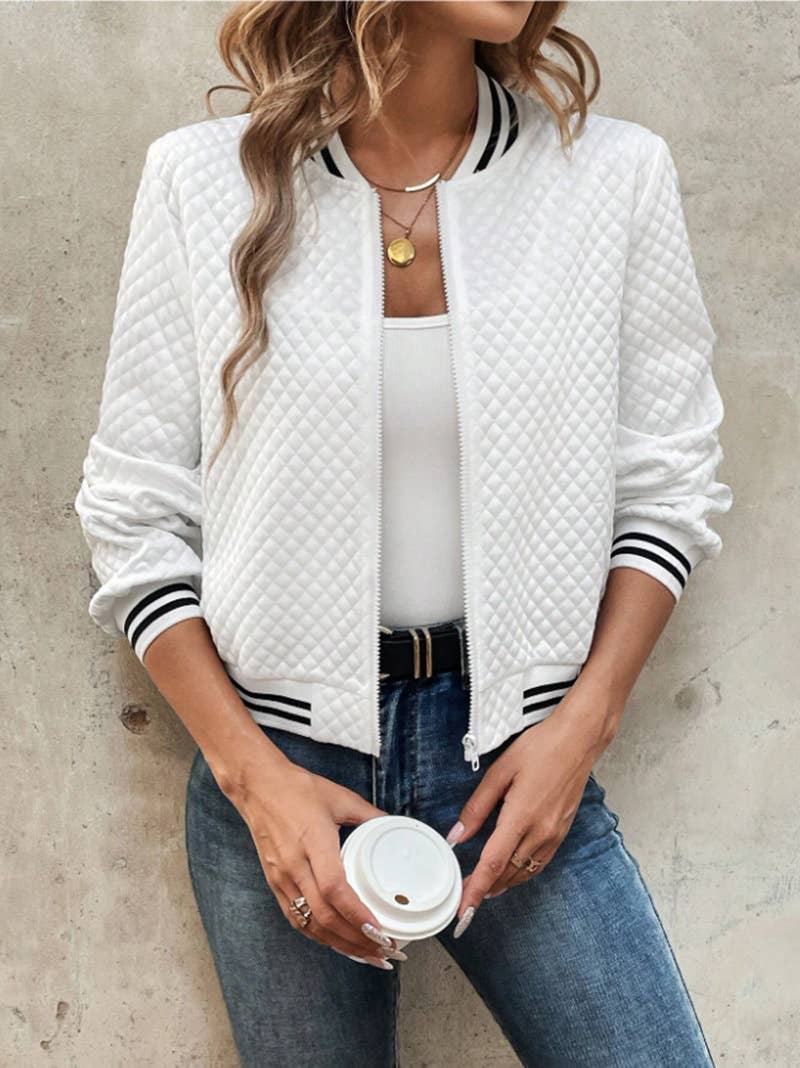 STAND-UP COLLAR PLAID ZIPPER BASEBALL JACKET
