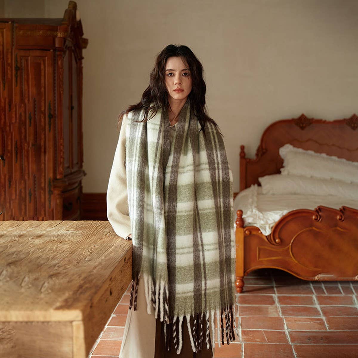 Colorblock Plaid Faux Cashmere Scarf for Winter