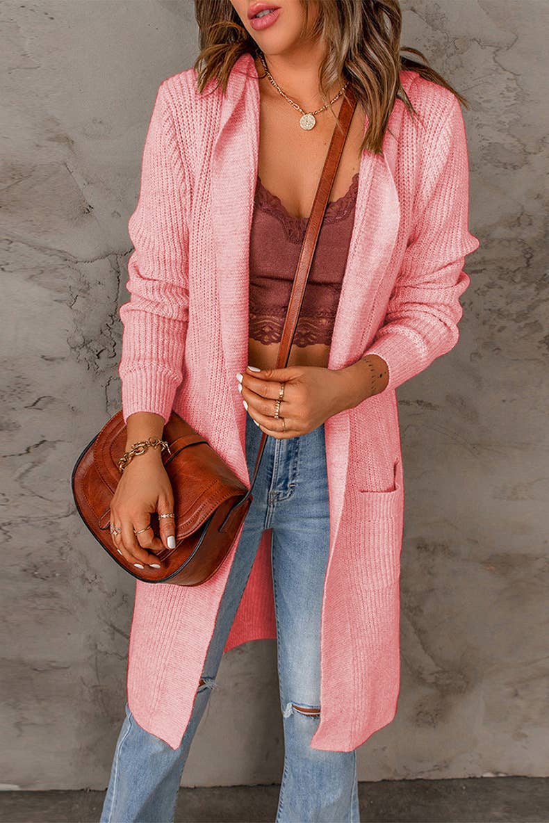 Solid-color hooded long knitted coat