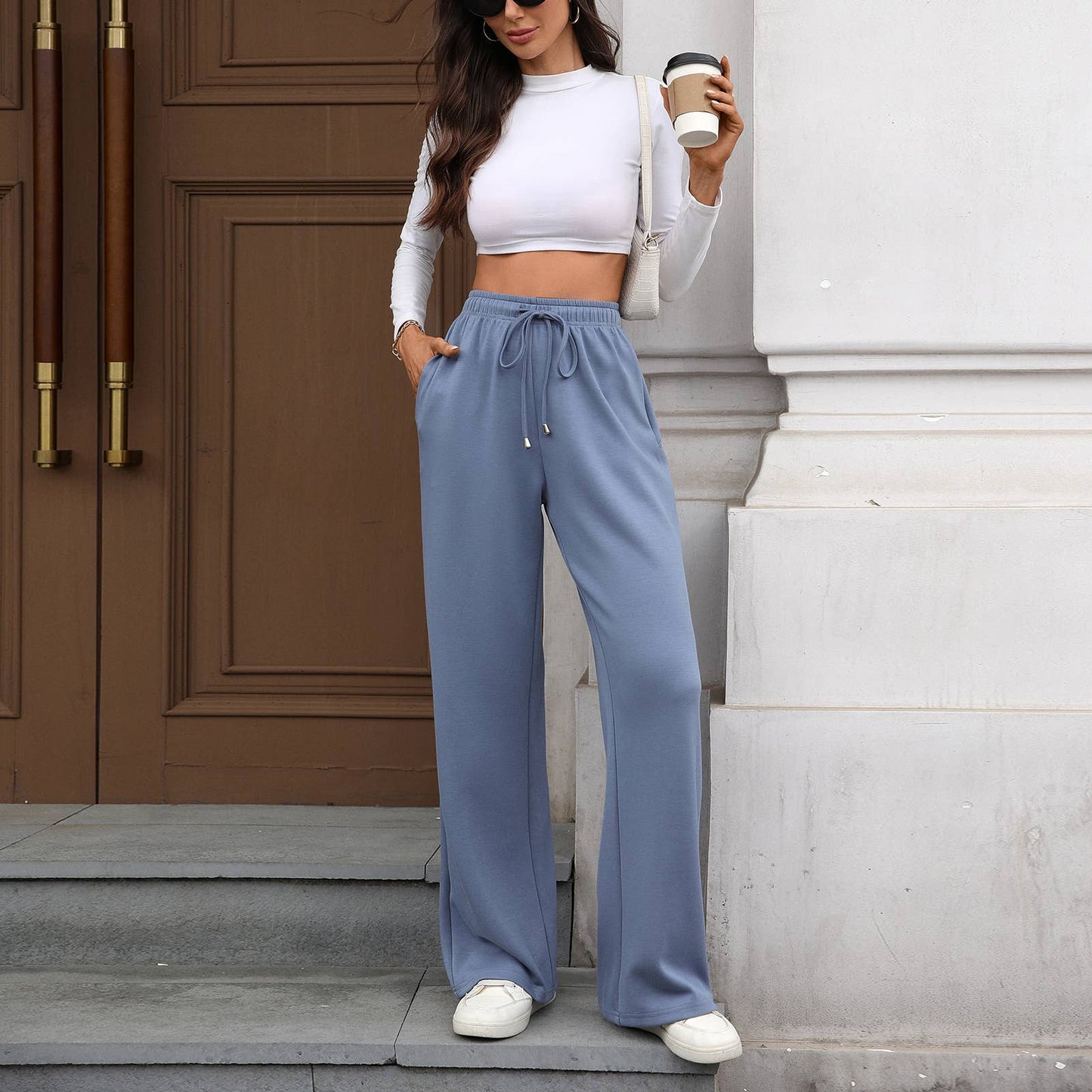 Solid color stretch waist loose straight pants