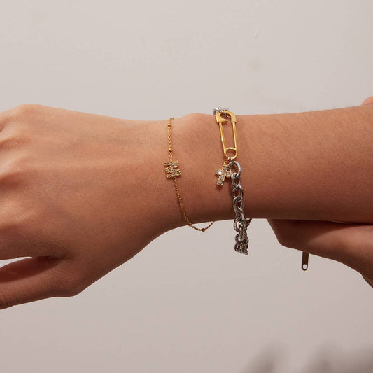 18K Gold Steel Bracelet with Zircon Letter M_CWAJE4783