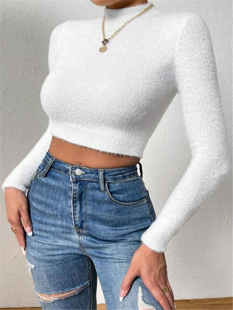 Semi-high-neck high-waisted short sweater