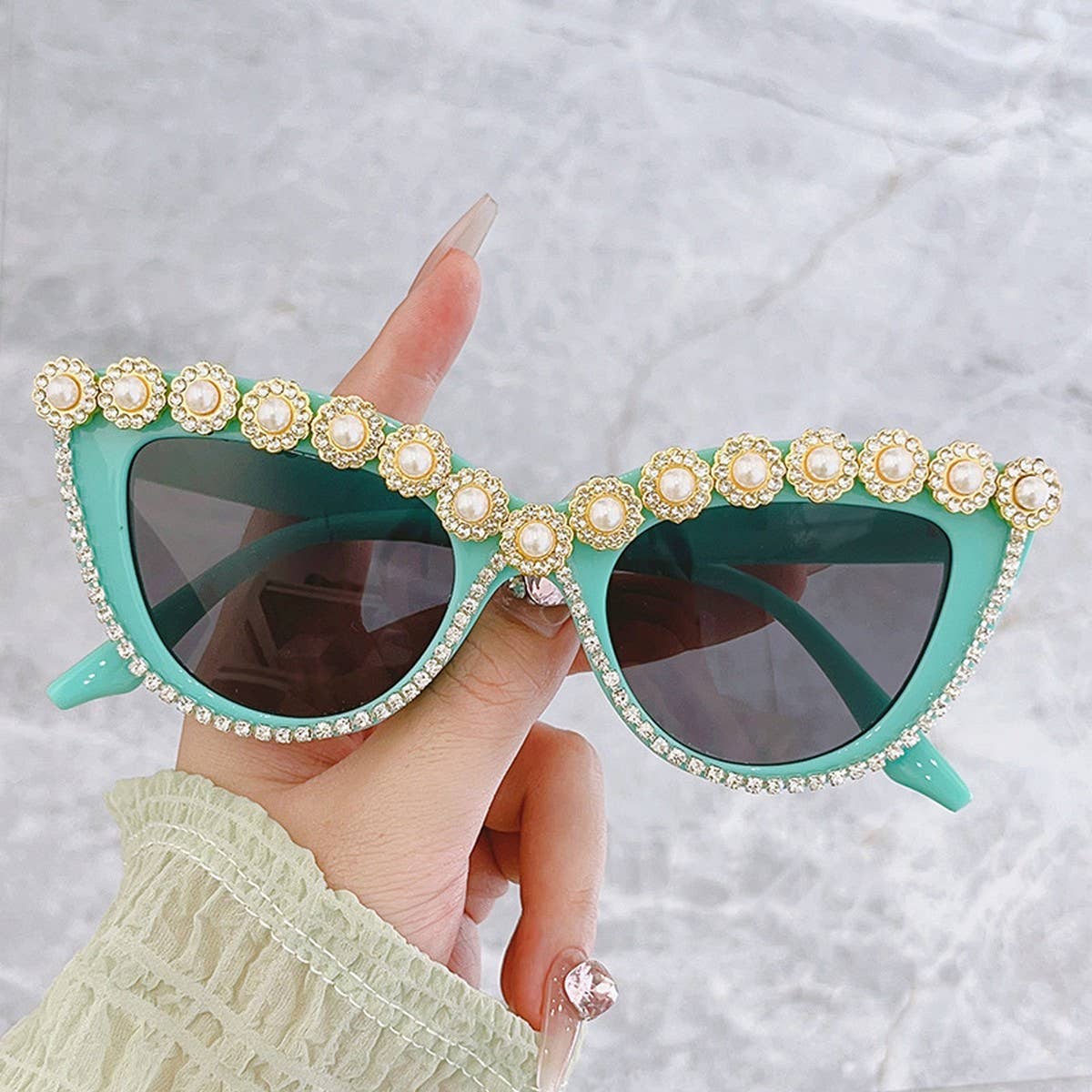 HANDMADE RHINESTONE PEARL RETRO CAT-EYE SUNGLASSES
