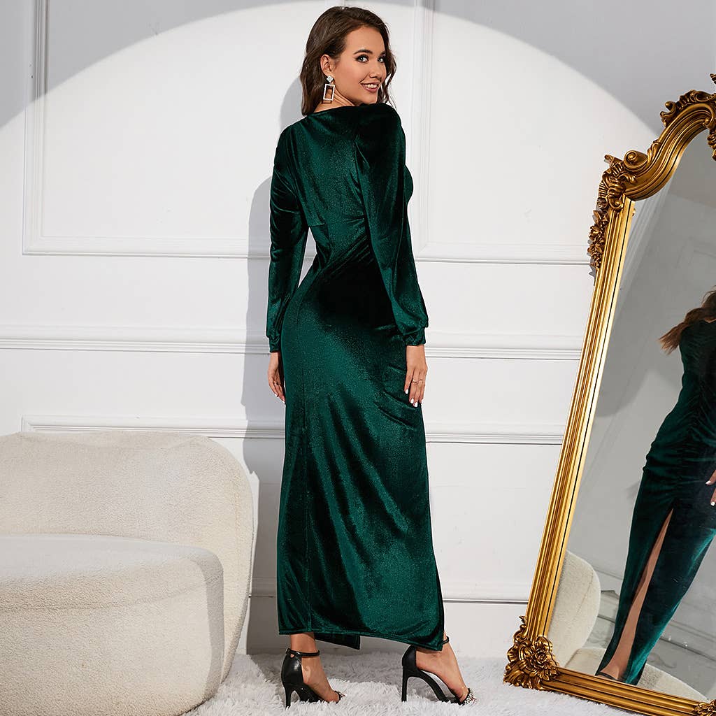 V-NECK VELVET DRESS WRAP HIP DRESS