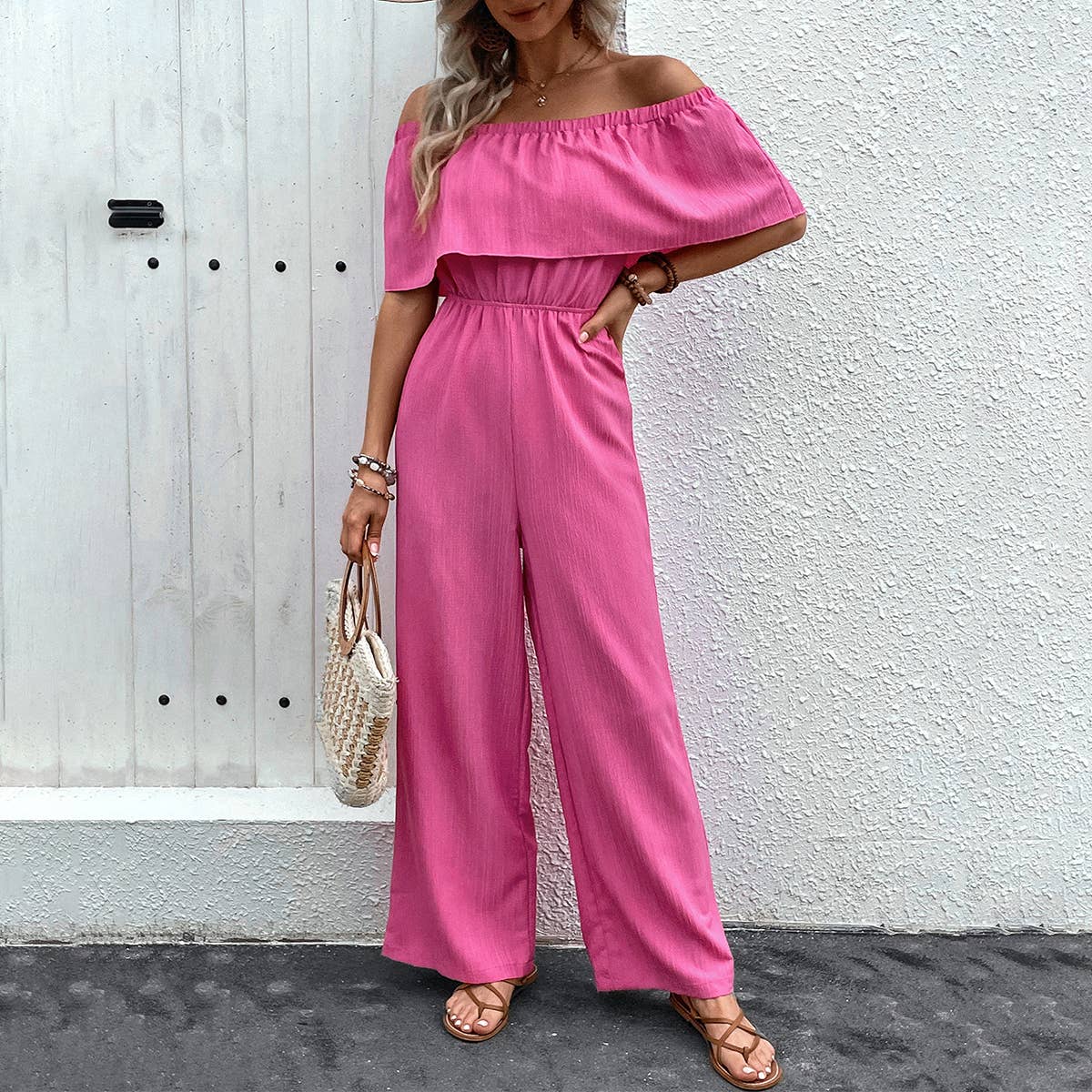 WIDE-LEG ONE-SHOULDER SOLID COLOR PANT JUMPSUIT