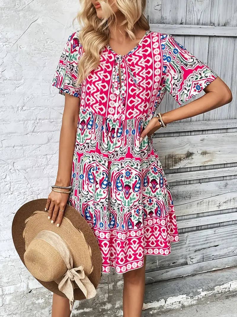 Ethnic style prints loose V-neck short dress