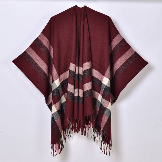 TASSEL TWO-TONE STRIPED PLAID CARDIGAN CAPE SHAWL