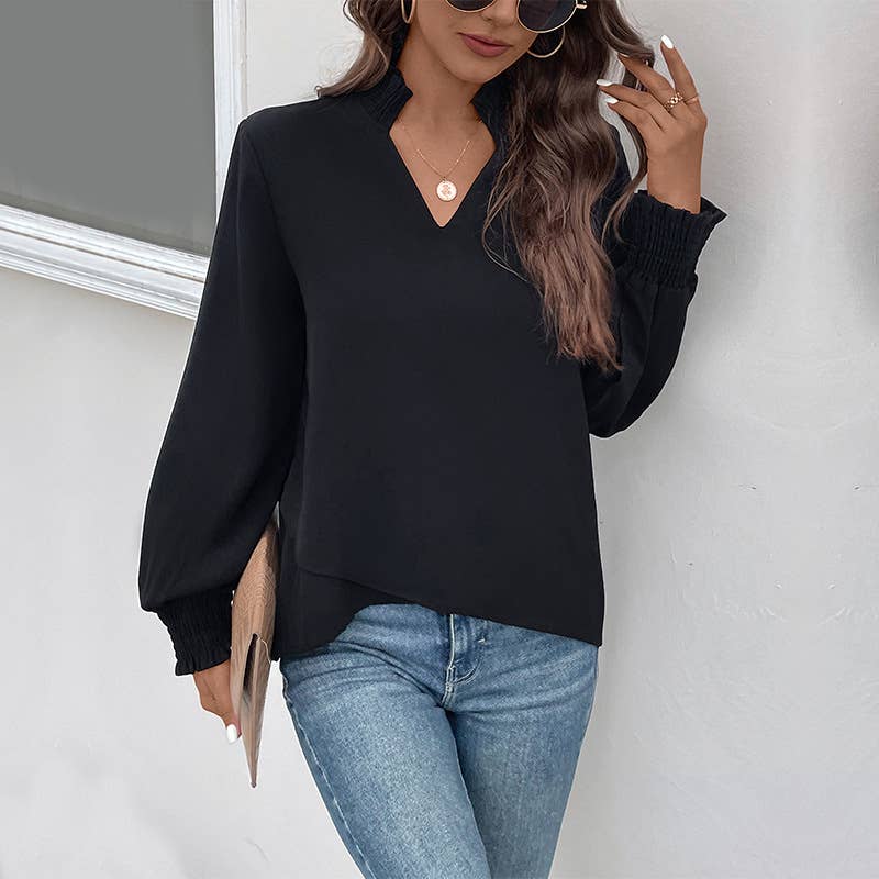 SOLID COLOR V-NECK WITH BLOUSE FOR WOMEN