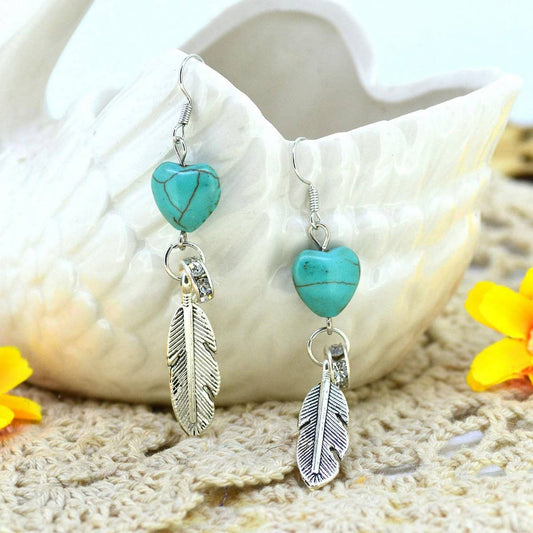 VINTAGE HEART PENDANT FEATHER EARRINGS