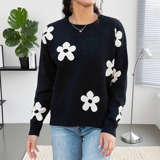 Flower-Jacquard Loose Round-Neck Knitted Sweater