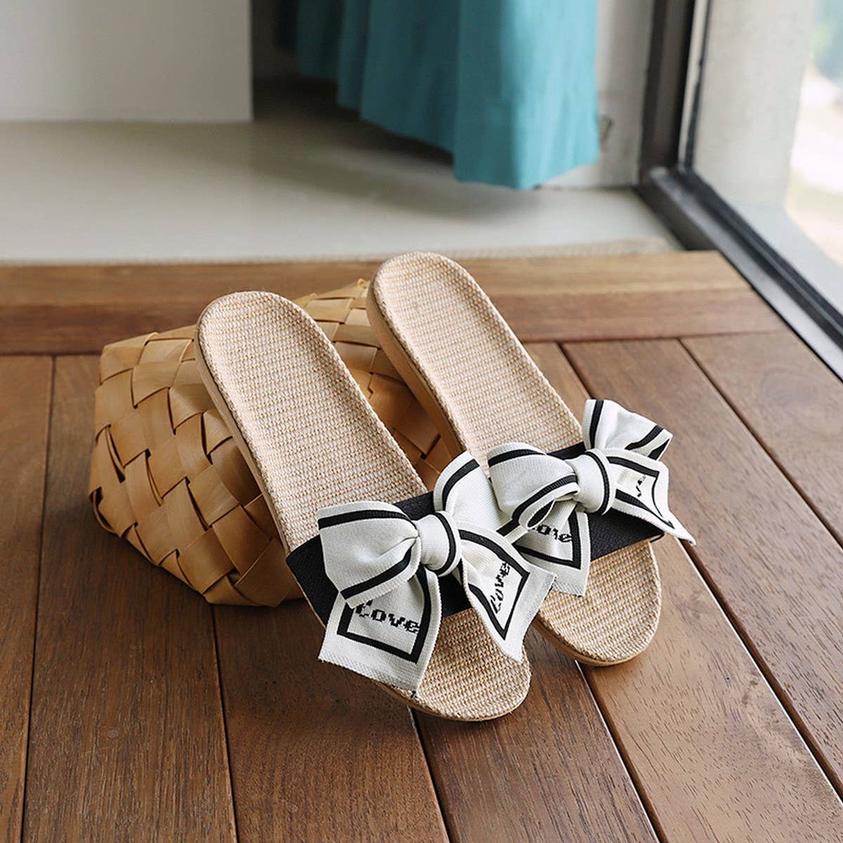Linen Bow Slippers with Soft Anti-Slip Sole