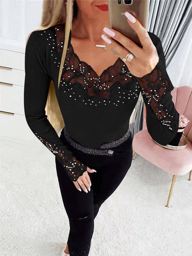 Lace trim diamond embossing long-sleeved T-shirt