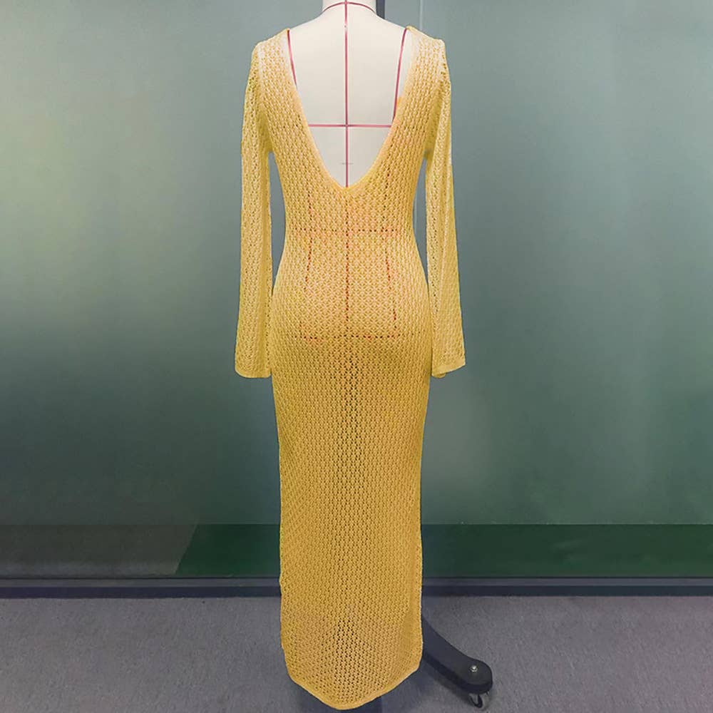 V-Neck Long Sleeve Fit Solid Hollow-Out Dress