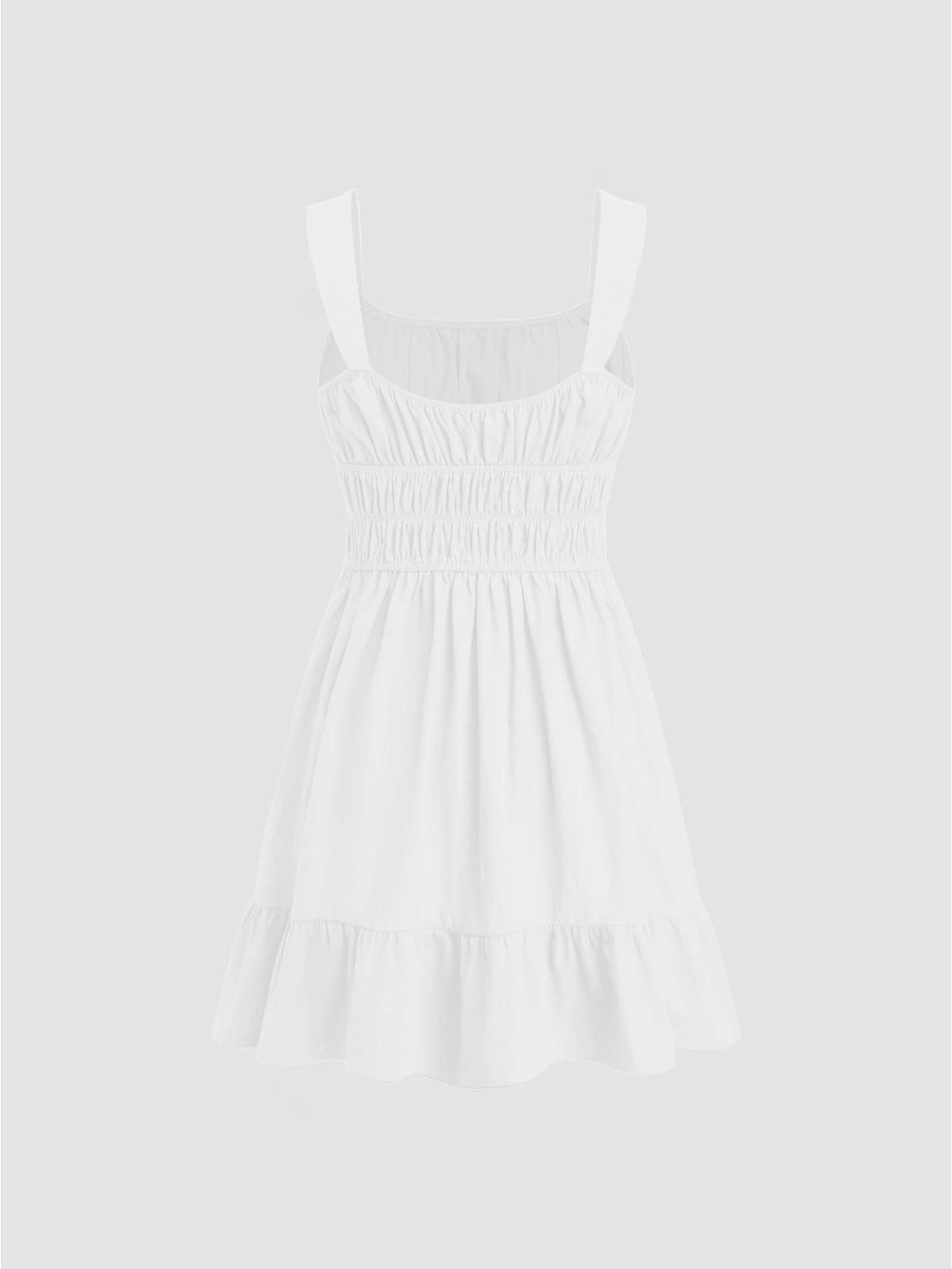 Square-neck pleated cinched waist dress