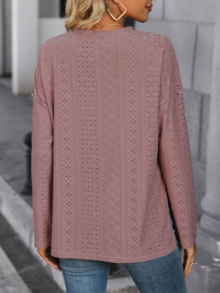 LONG SLEEVE SOLID COLOR KNITTED JACQUARD TOP