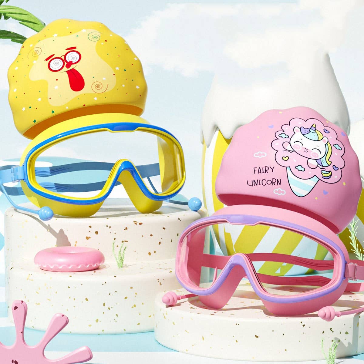 Kids Swim Goggles & Cap Set ? HD Large Frame