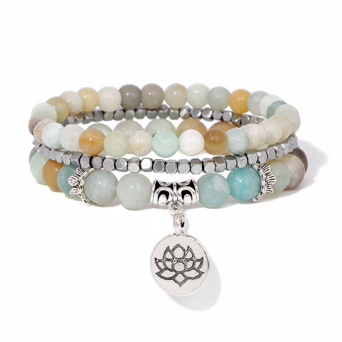 CWAJE4221_NATURAL STONE LOTUS PENDANT THREE-LAYER BRACELET