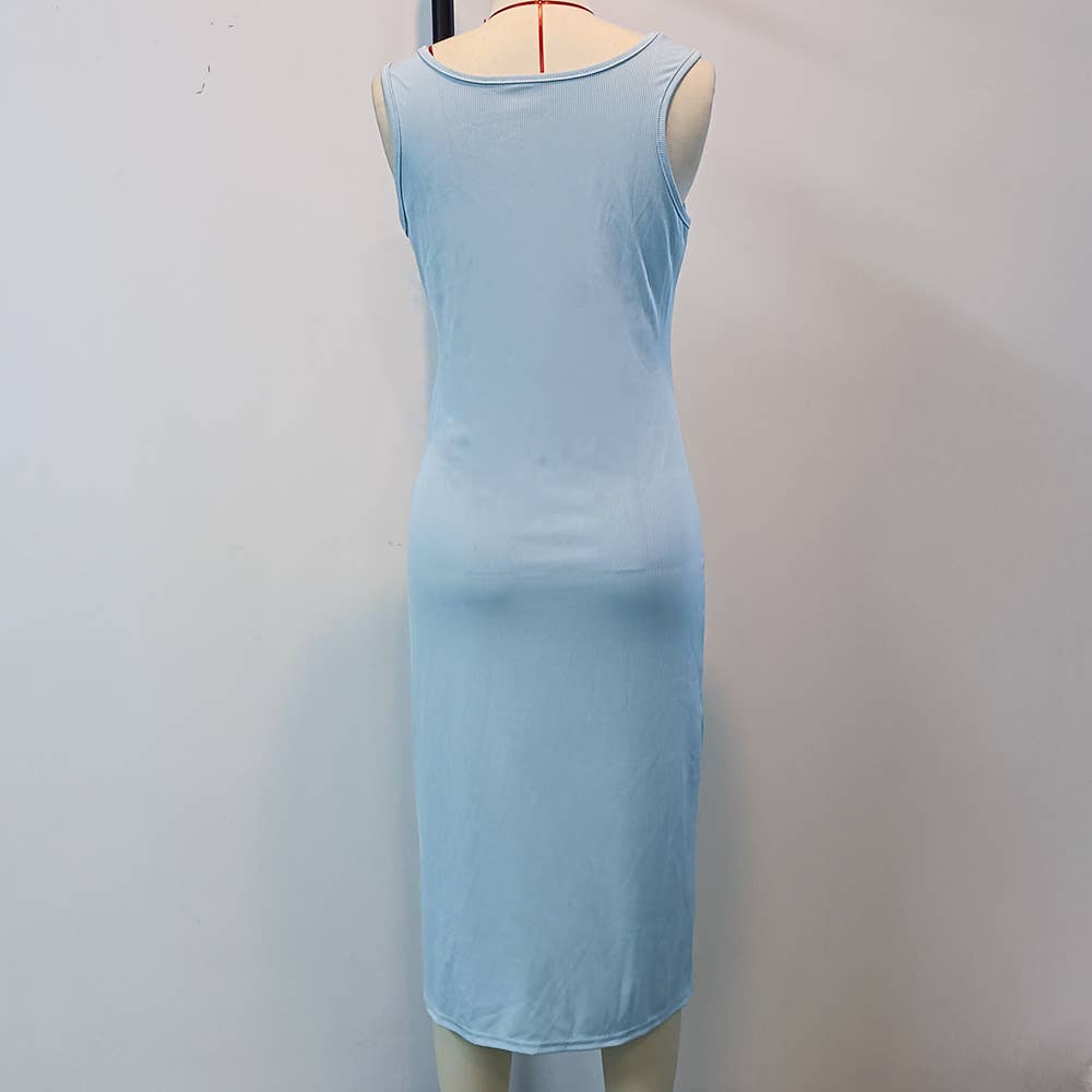 SOLID COLOR KNIT SLIT SLIM LONG DRESS