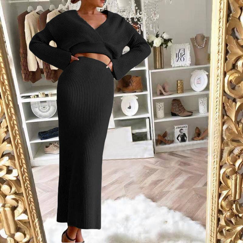 LONG SLEEVE V-NECK SWEATER LONG SKIRT SUIT