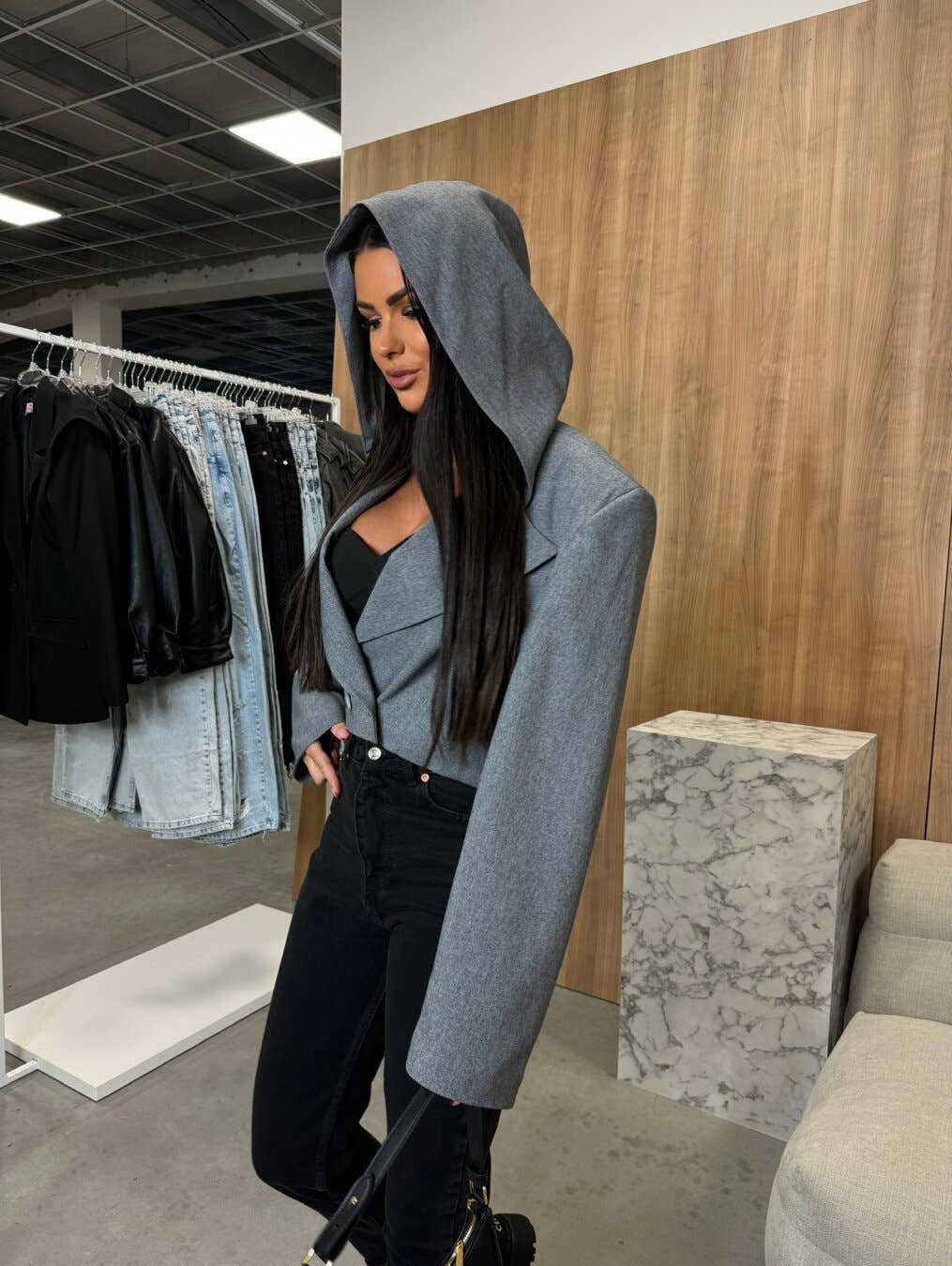 HOODED LONG SLEEVE SMALL SUIT SOLID COLOR COAT