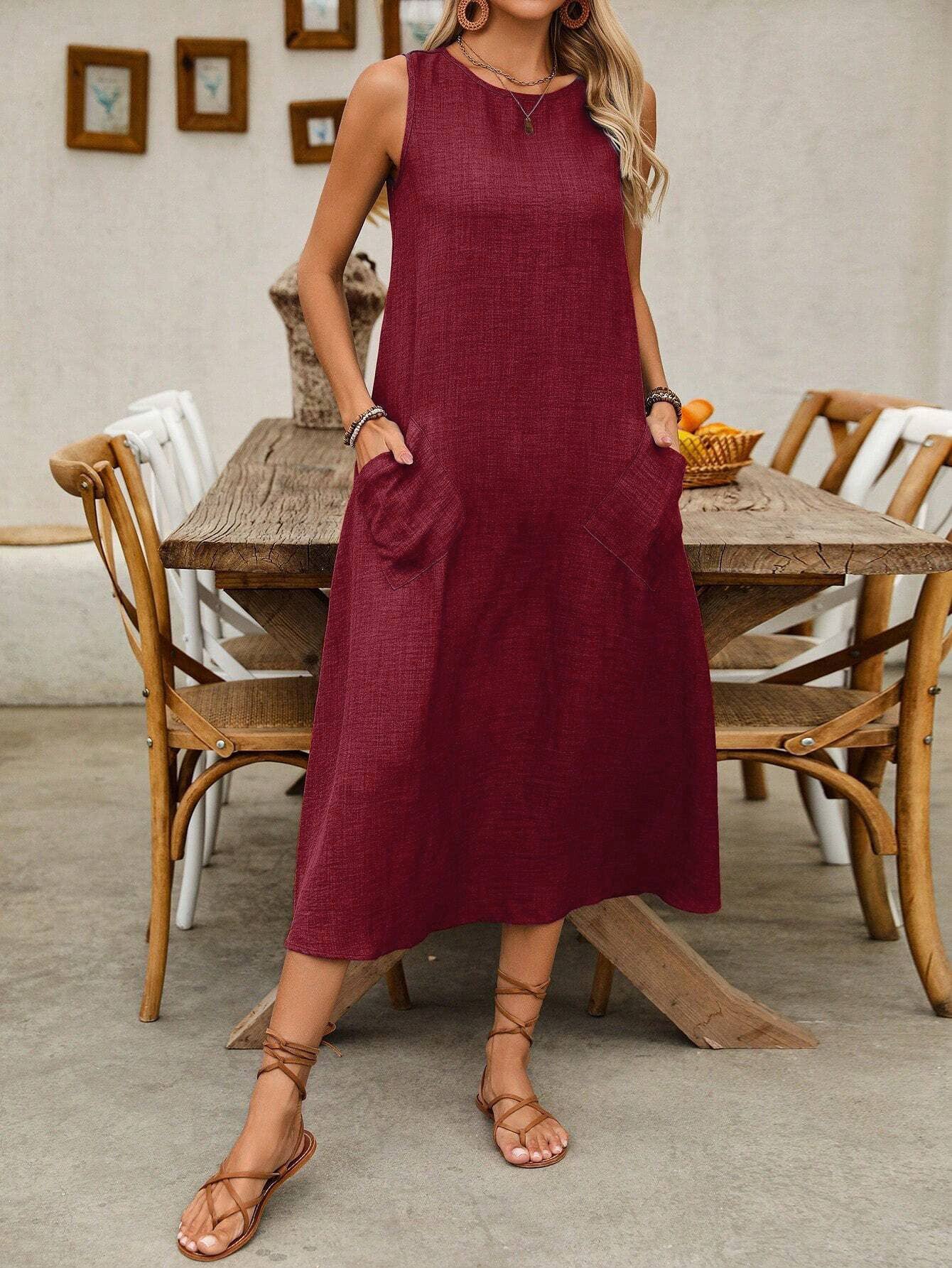 Pullover round neck pocket casual loose dress