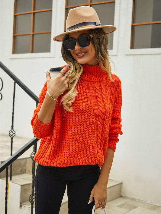 TWIST KNIT HALF TURTLENECK SOLID COLOR SWEATER