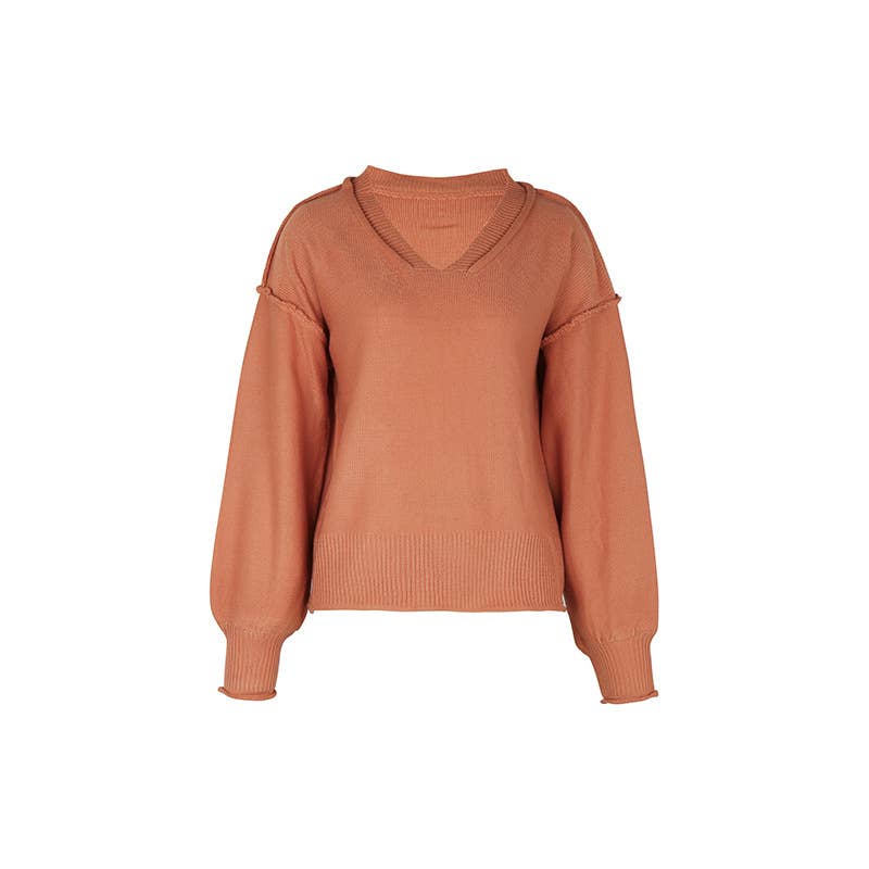 V-NECK LONG SLEEVE SOLID COLOR PULLOVER SWEATER