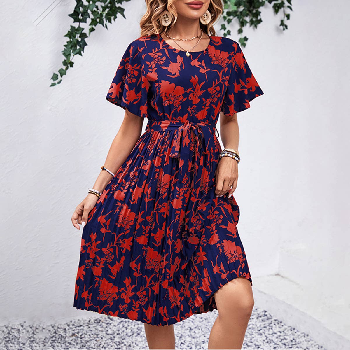 SUMMER CREW-NECK SHORT-SLEEVED PRINTED DRESS