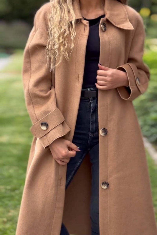 CWOCO1086_CASUAL BUTTON LONG SOLID COLOR WOOLEN COAT