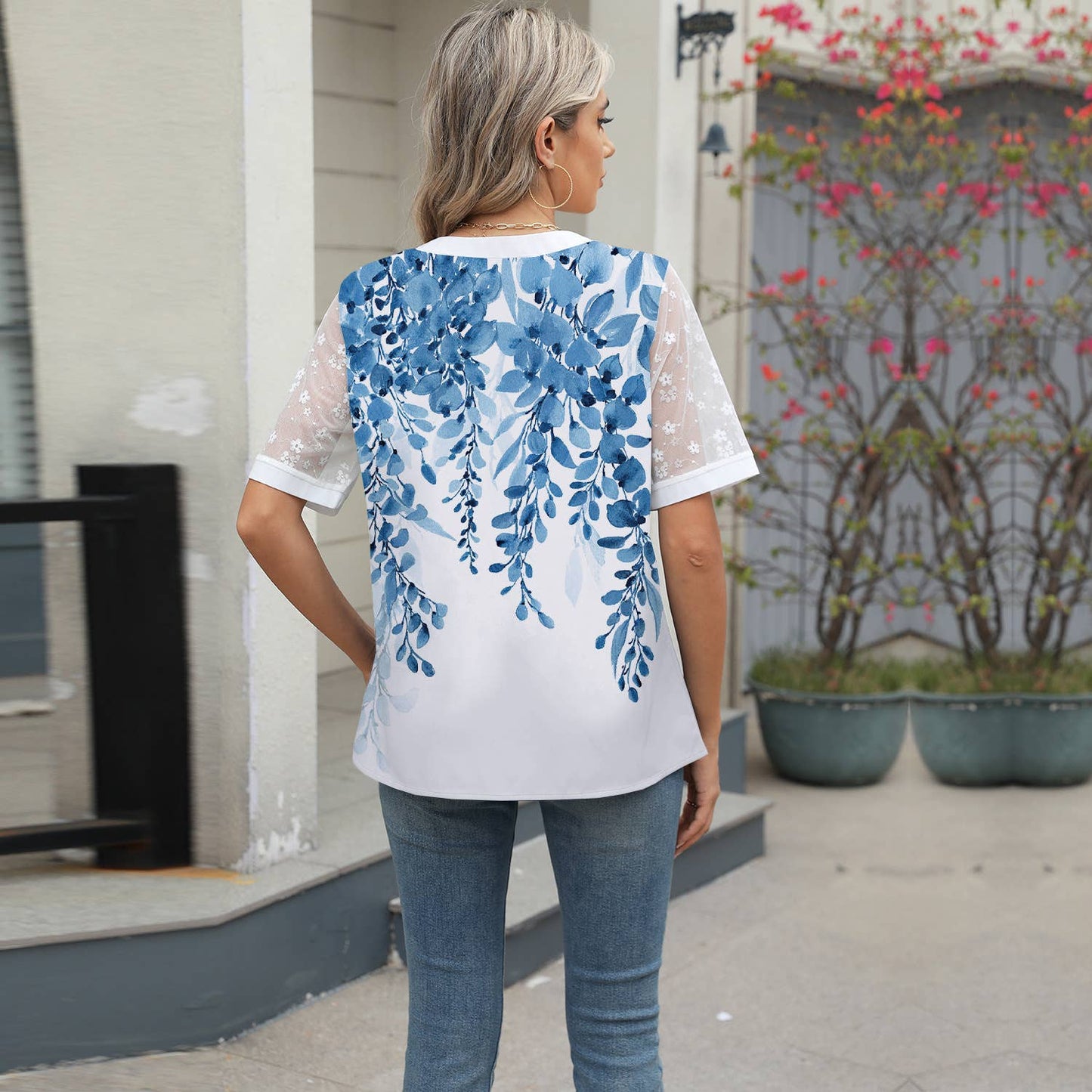 Patchwork Lace Sleeve V-Neck Print Chiffon Shirt