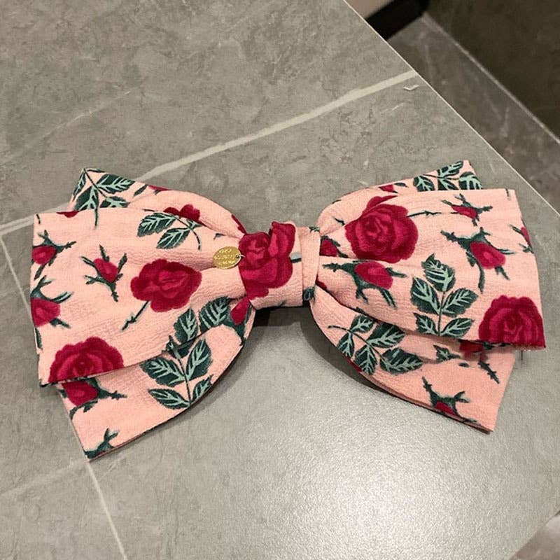 French vintage fabric rose bow hair clip