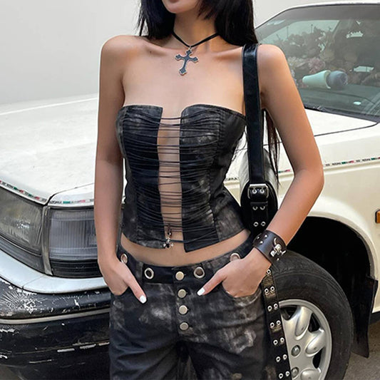 Sexy hollowed-out off-shoulder vintage bustier top