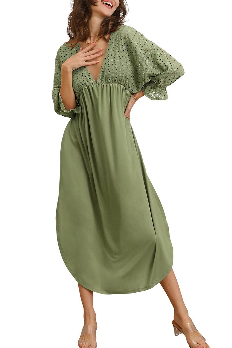 CWDMD795_3/4 SLEEVE V NECK LONG DRESS