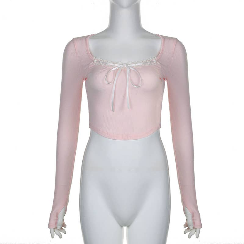 SLIM BOW IRREGULAR LACE PATCHWORK T-SHIRT