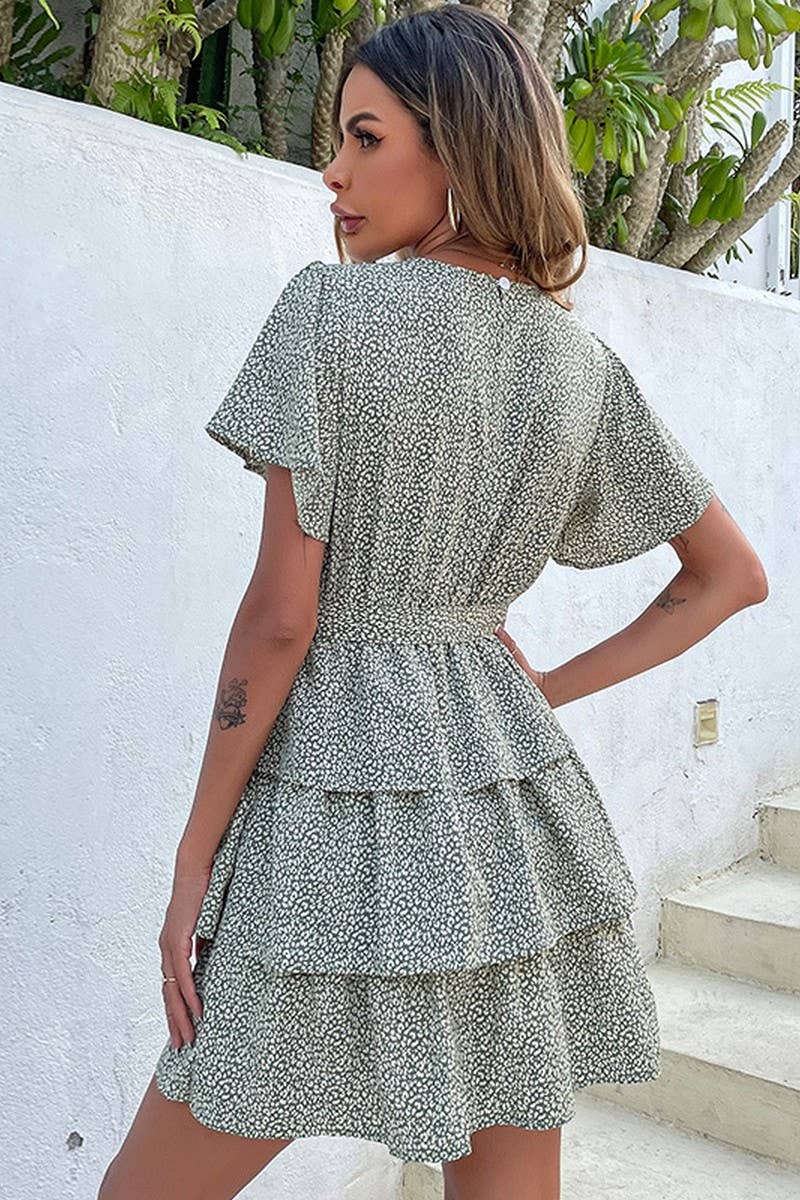 CWDSD7032_NEW STYLE RUFFLE ROUND NECK TIE CAKE DRESS