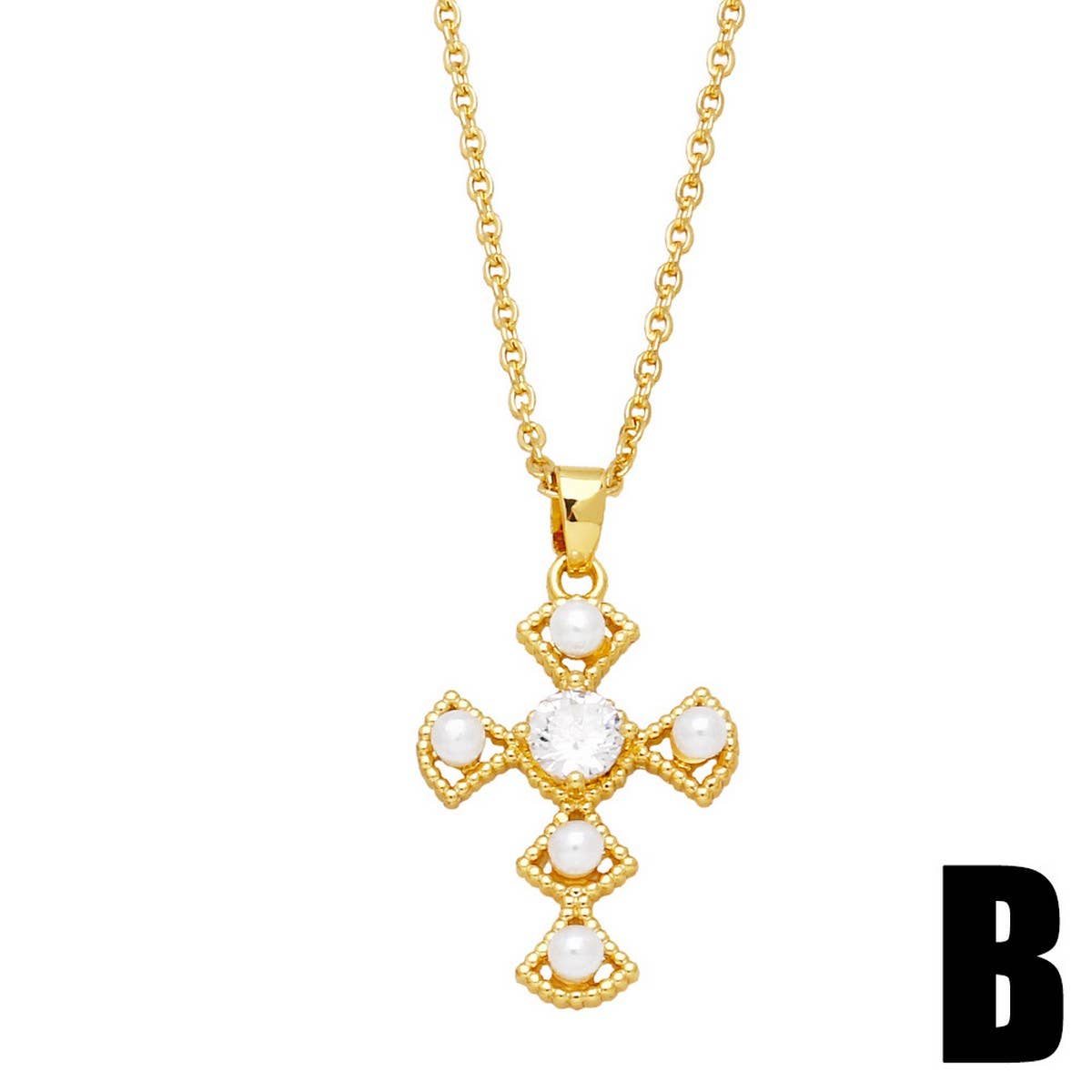 DIAMOND STUDDED PEARL CROSS PENDANT NECKLACE