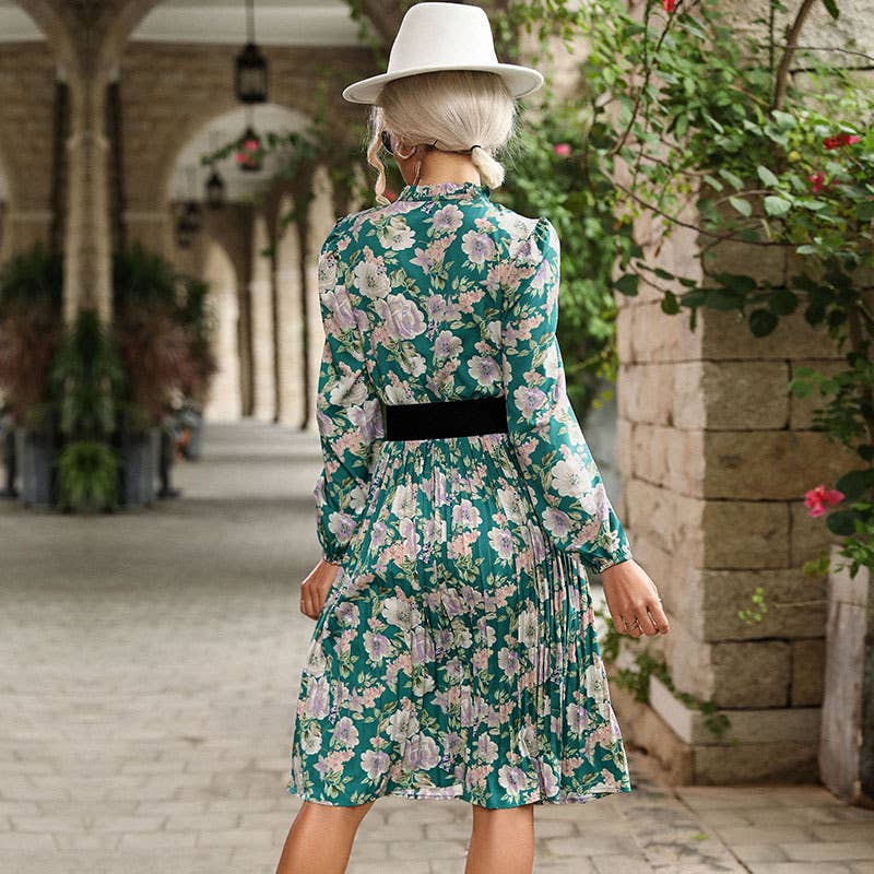 Pleated print long-sleeved vintage dress