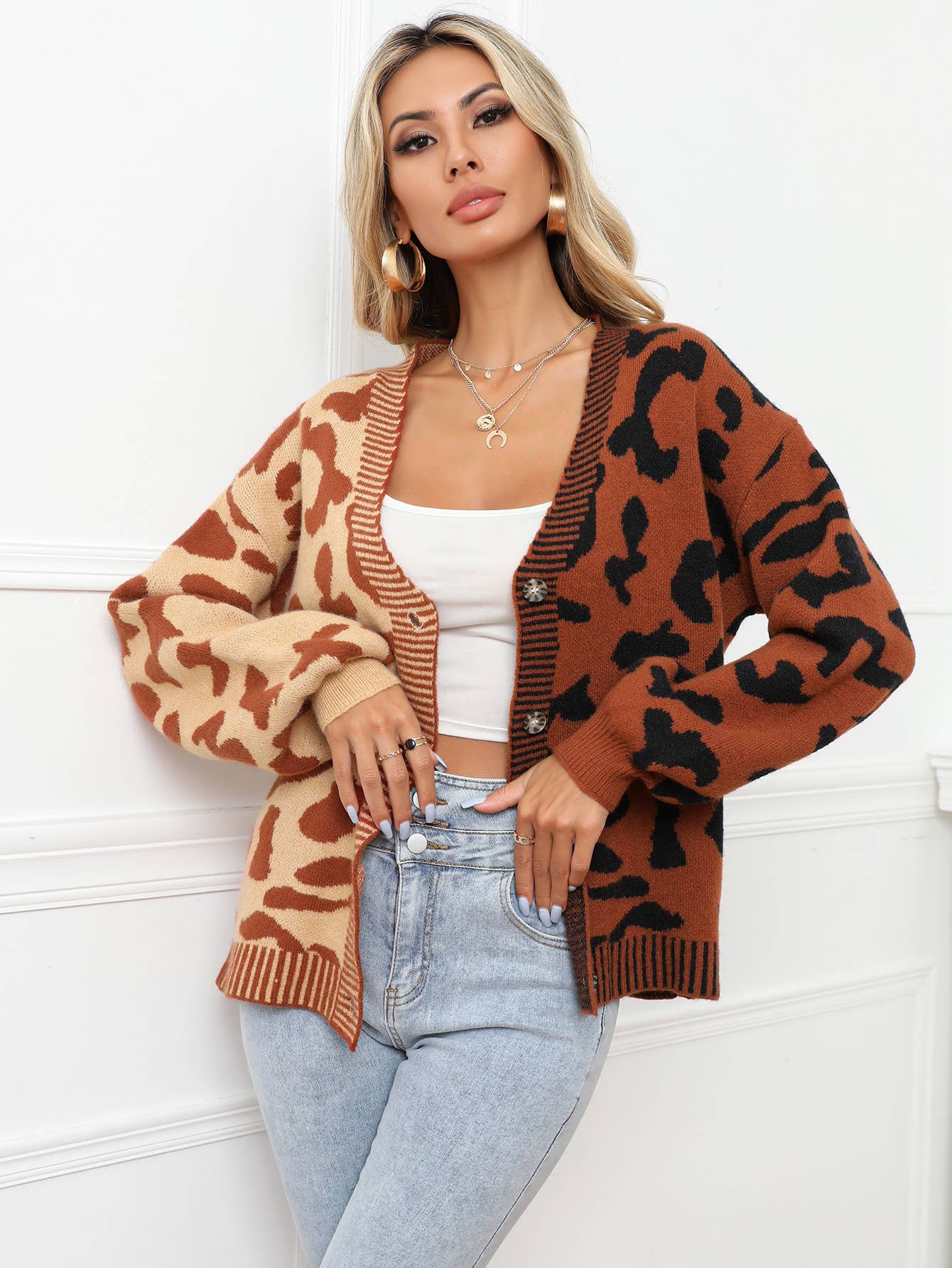 Printed Knit Single Breasted Leopard Knit Cardigan